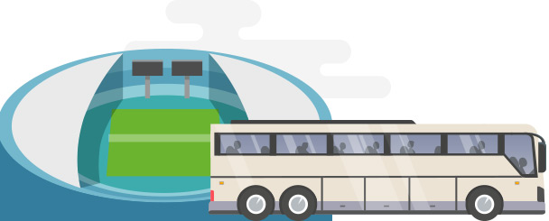 An illustration of a charter bus outside a sports field